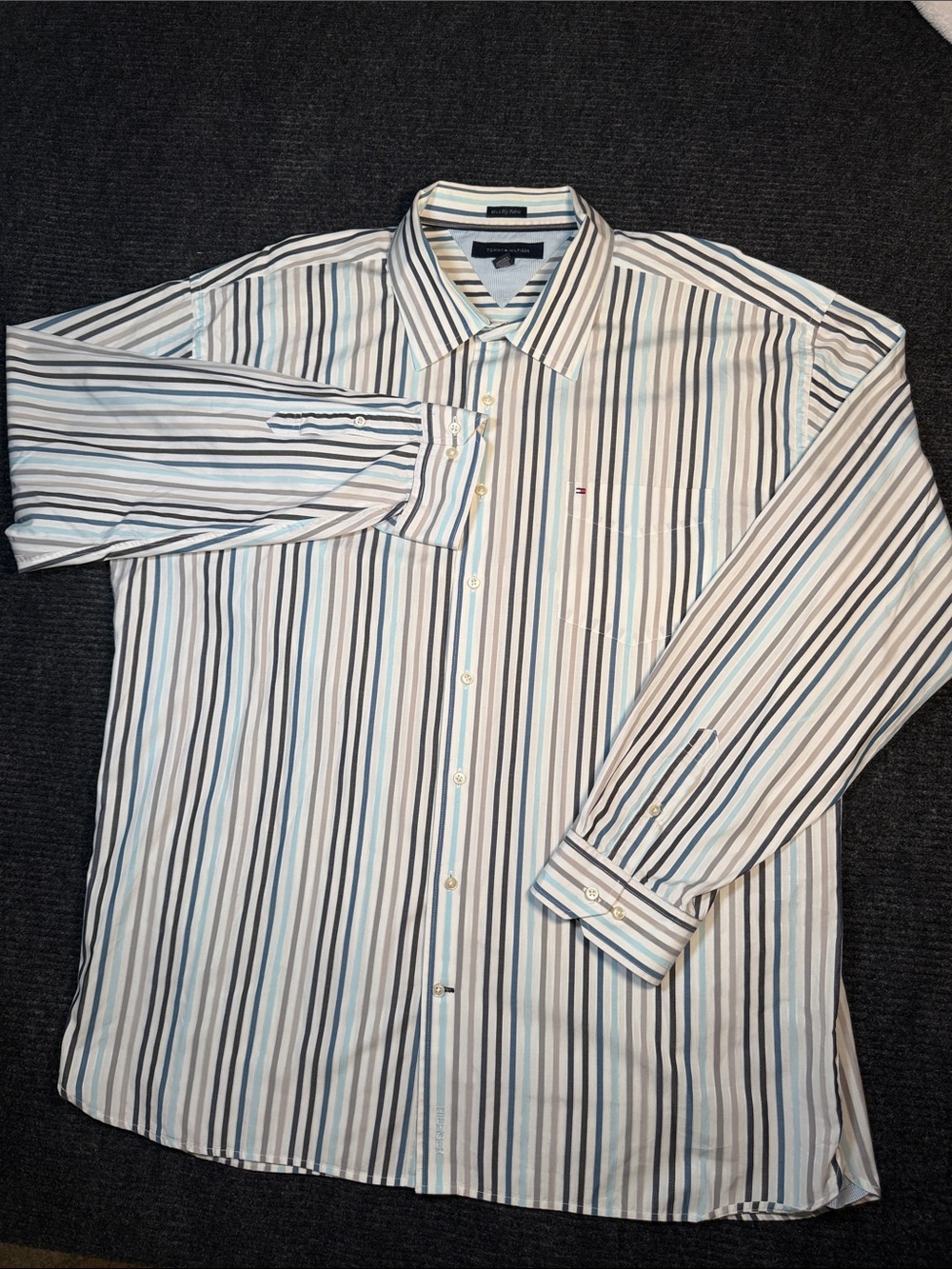 Tommy Hilfiger Men’s Button-Down Shirt - White with Blue & Gray Stripes